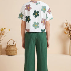 Girls Floral Printed Top with Green Wide Leg Palazzo Pants Set