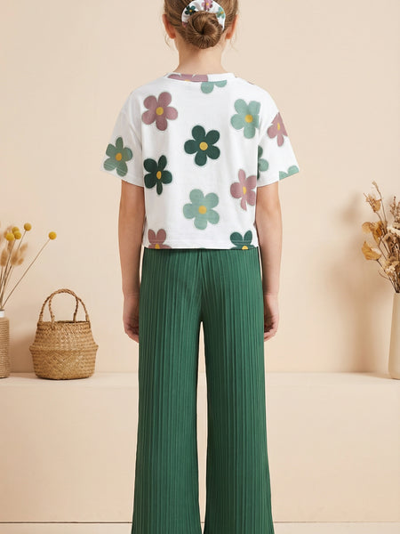 Girls Floral Printed Top with Green Wide Leg Palazzo Pants Set