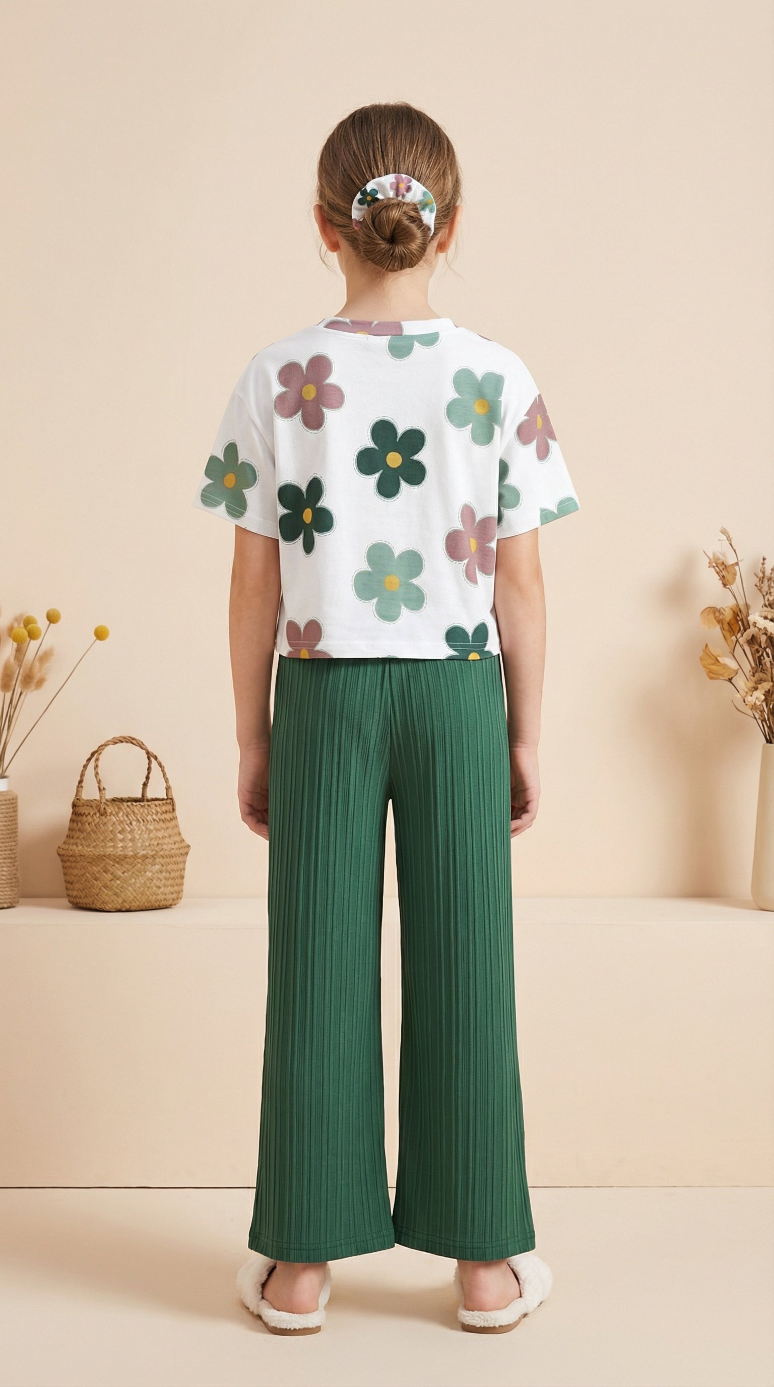 Girls Floral Printed Top with Green Wide Leg Palazzo Pants Set