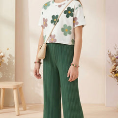 Girls Floral Printed Top with Green Wide Leg Palazzo Pants Set