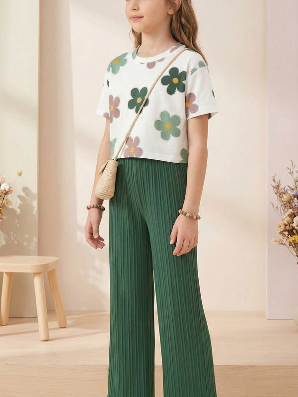 Girls Floral Printed Top with Green Wide Leg Palazzo Pants Set