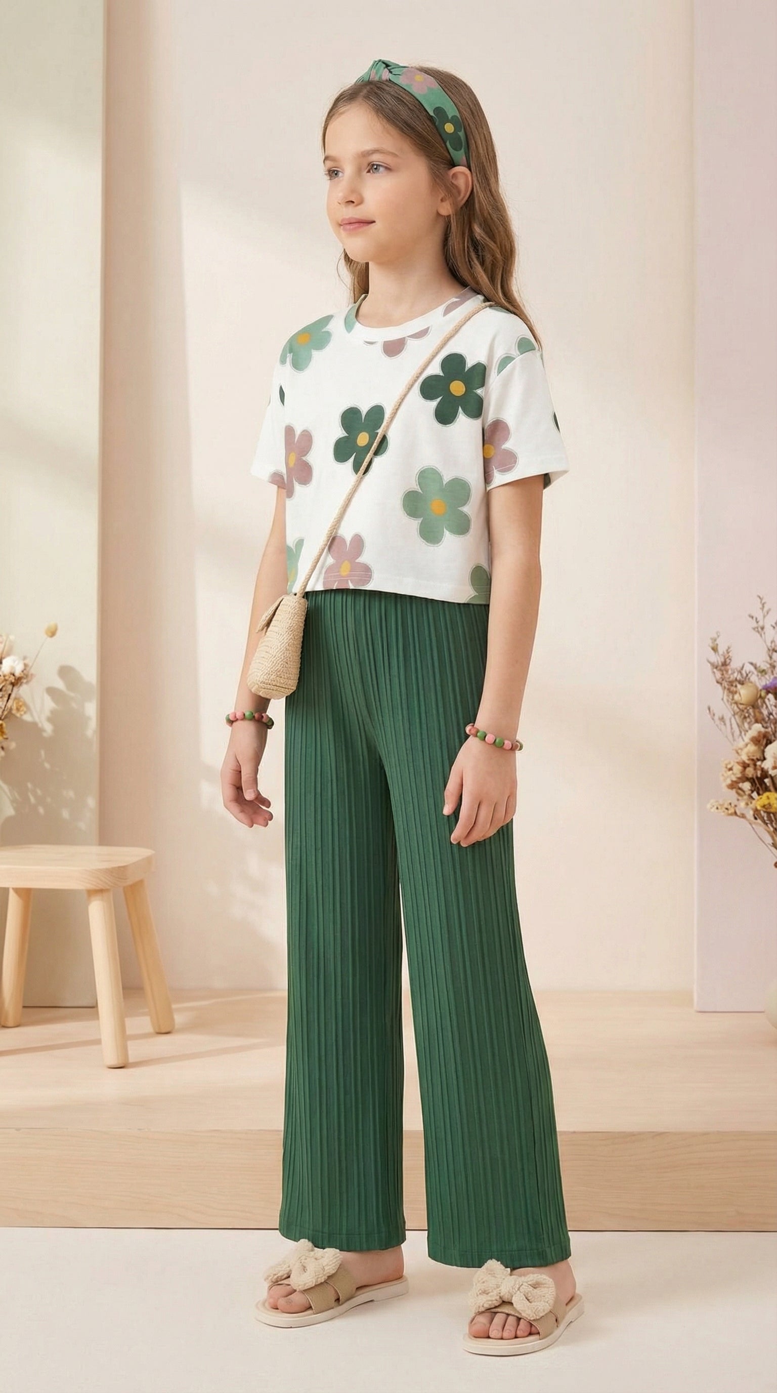 Girls Floral Printed Top with Green Wide Leg Palazzo Pants Set