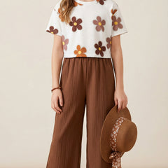 Girls Floral Printed Top with Brown Palazzo Pants Co-Ord Set for Kids