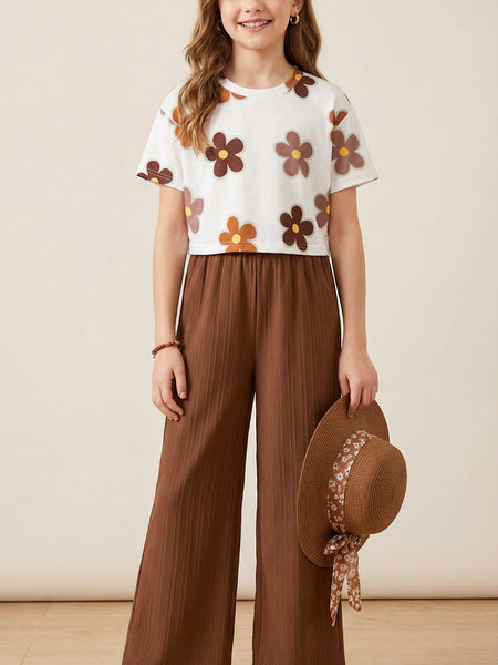Girls Floral Printed Top with Brown Palazzo Pants Co-Ord Set for Kids