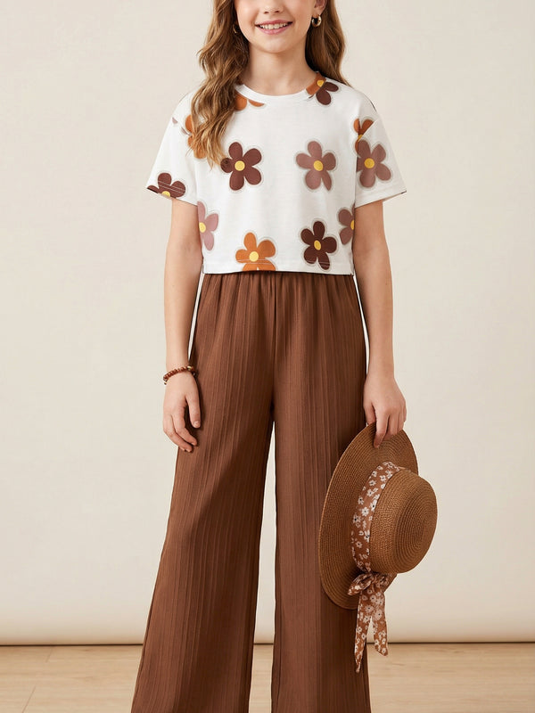 Girls Floral Printed Top with Brown Palazzo Pants Co-Ord Set for Kids
