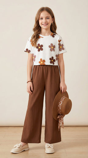 Girls Floral Printed Top with Brown Palazzo Pants Co-Ord Set for Kids