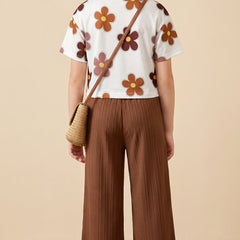 Girls Floral Printed Top with Brown Palazzo Pants Co-Ord Set for Kids