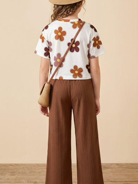 Girls Floral Printed Top with Brown Palazzo Pants Co-Ord Set for Kids