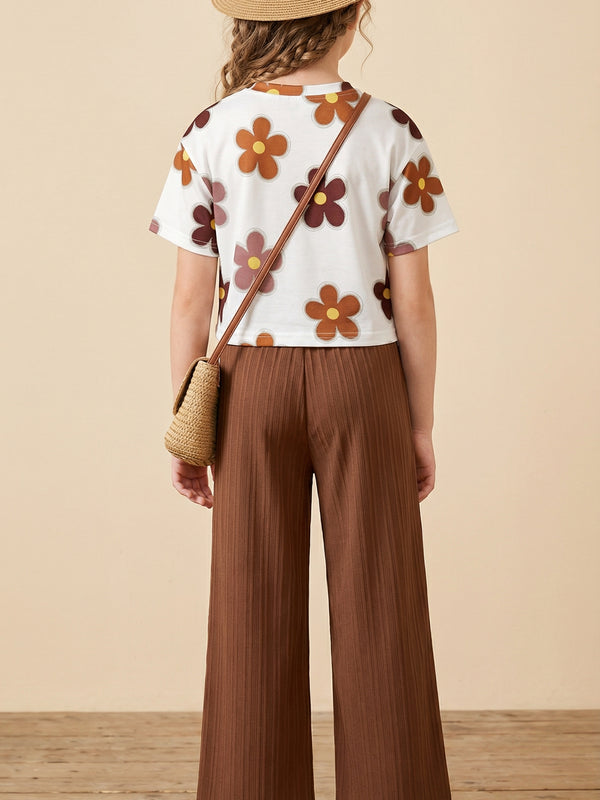 Girls Floral Printed Top with Brown Palazzo Pants Co-Ord Set for Kids