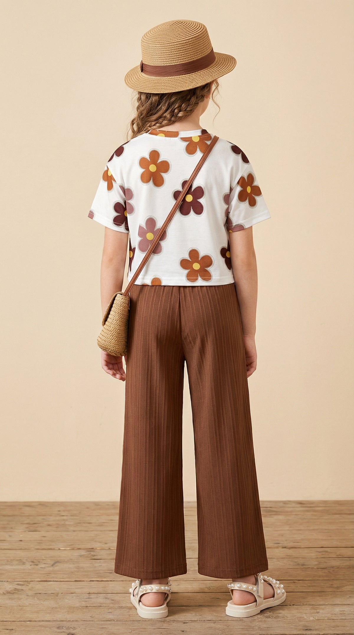 Girls Floral Printed Top with Brown Palazzo Pants Co-Ord Set for Kids