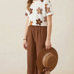 Girls Floral Printed Top with Brown Palazzo Pants Co-Ord Set for Kids