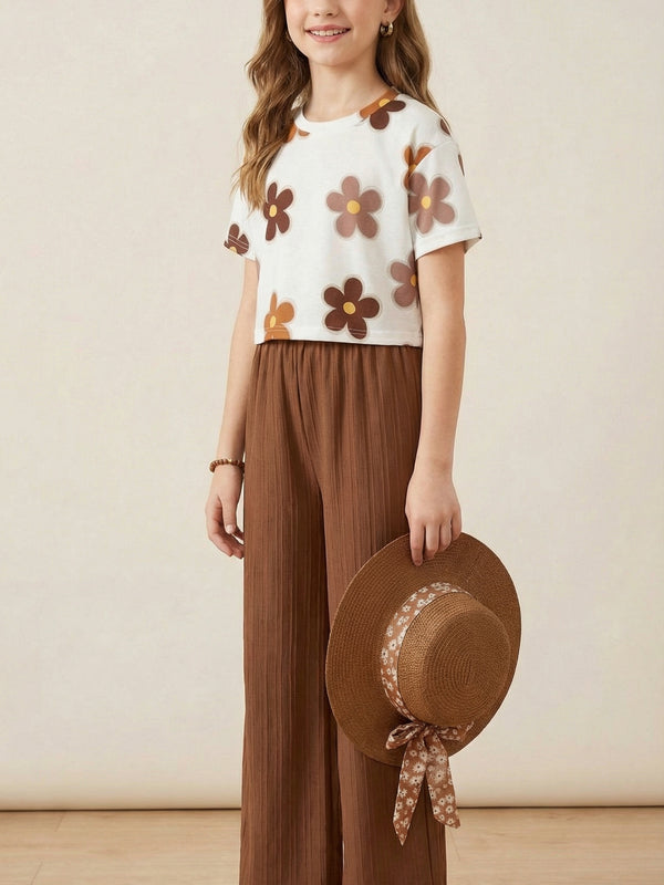 Girls Floral Printed Top with Brown Palazzo Pants Co-Ord Set for Kids