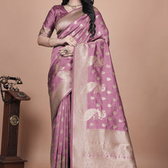 Classic Purple Banarasi Silk Saree with Gold Zari and Peacock Motif for Festive Wear
