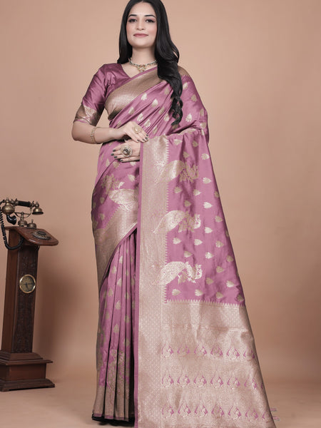 Classic Purple Banarasi Silk Saree with Gold Zari and Peacock Motif for Festive Wear