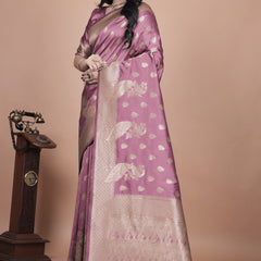 Classic Purple Banarasi Silk Saree with Gold Zari and Peacock Motif for Festive Wear
