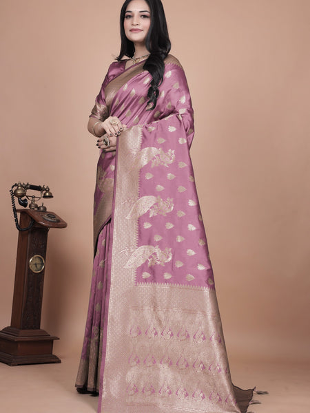 Classic Purple Banarasi Silk Saree with Gold Zari and Peacock Motif for Festive Wear