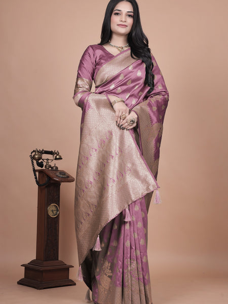 Classic Purple Banarasi Silk Saree with Gold Zari and Peacock Motif for Festive Wear