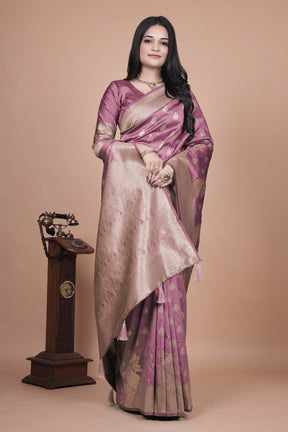 Classic Purple Banarasi Silk Saree with Gold Zari and Peacock Motif for Festive Wear