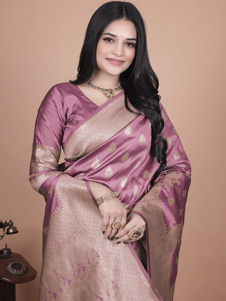Classic Purple Banarasi Silk Saree with Gold Zari and Peacock Motif for Festive Wear