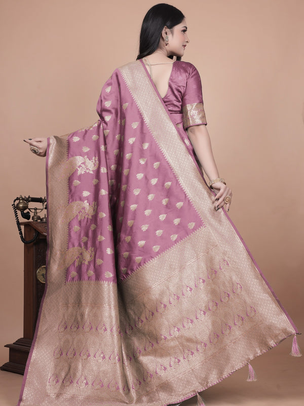 Classic Purple Banarasi Silk Saree with Gold Zari and Peacock Motif for Festive Wear