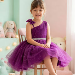 Girls Purple One-Shoulder Party Dress with Glitter Tulle & Crystal Belt