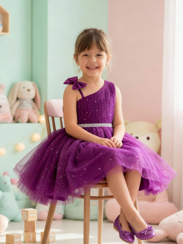 Girls Purple One-Shoulder Party Dress with Glitter Tulle & Crystal Belt