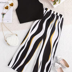 Girls Black Ribbed Sleeveless Crop Top & Striped Wide Leg Pants Set