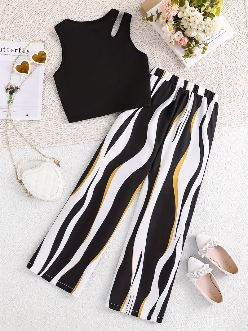 Girls Black Ribbed Sleeveless Crop Top & Striped Wide Leg Pants Set
