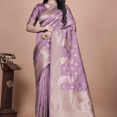 Lavender Banarasi Silk Saree with Golden Zari Detailing for Weddings & Festivals