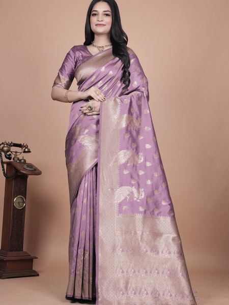 Lavender Banarasi Silk Saree with Golden Zari Detailing for Weddings & Festivals