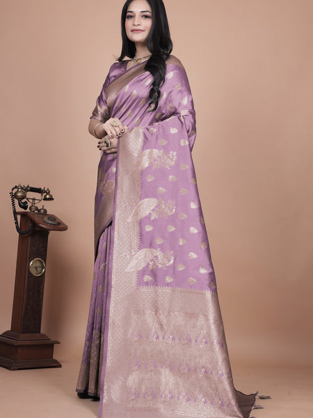 Lavender Banarasi Silk Saree with Golden Zari Detailing for Weddings & Festivals