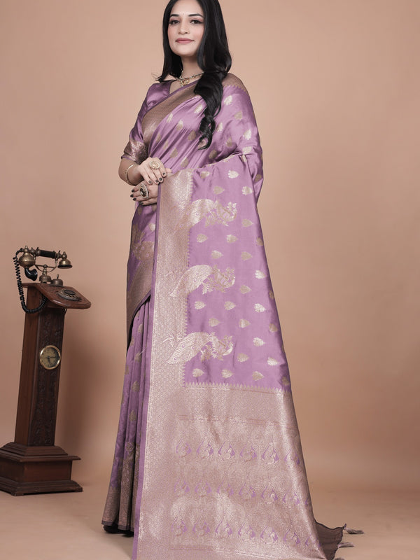 Lavender Banarasi Silk Saree with Golden Zari Detailing for Weddings & Festivals