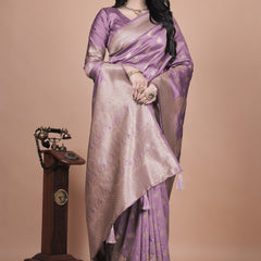 Lavender Banarasi Silk Saree with Golden Zari Detailing for Weddings & Festivals