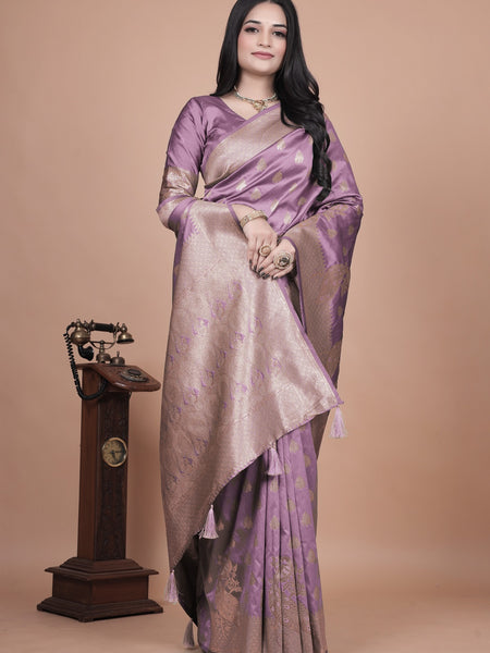 Lavender Banarasi Silk Saree with Golden Zari Detailing for Weddings & Festivals