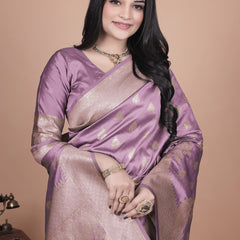 Lavender Banarasi Silk Saree with Golden Zari Detailing for Weddings & Festivals