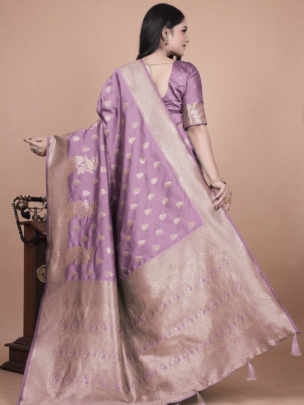 Lavender Banarasi Silk Saree with Golden Zari Detailing for Weddings & Festivals