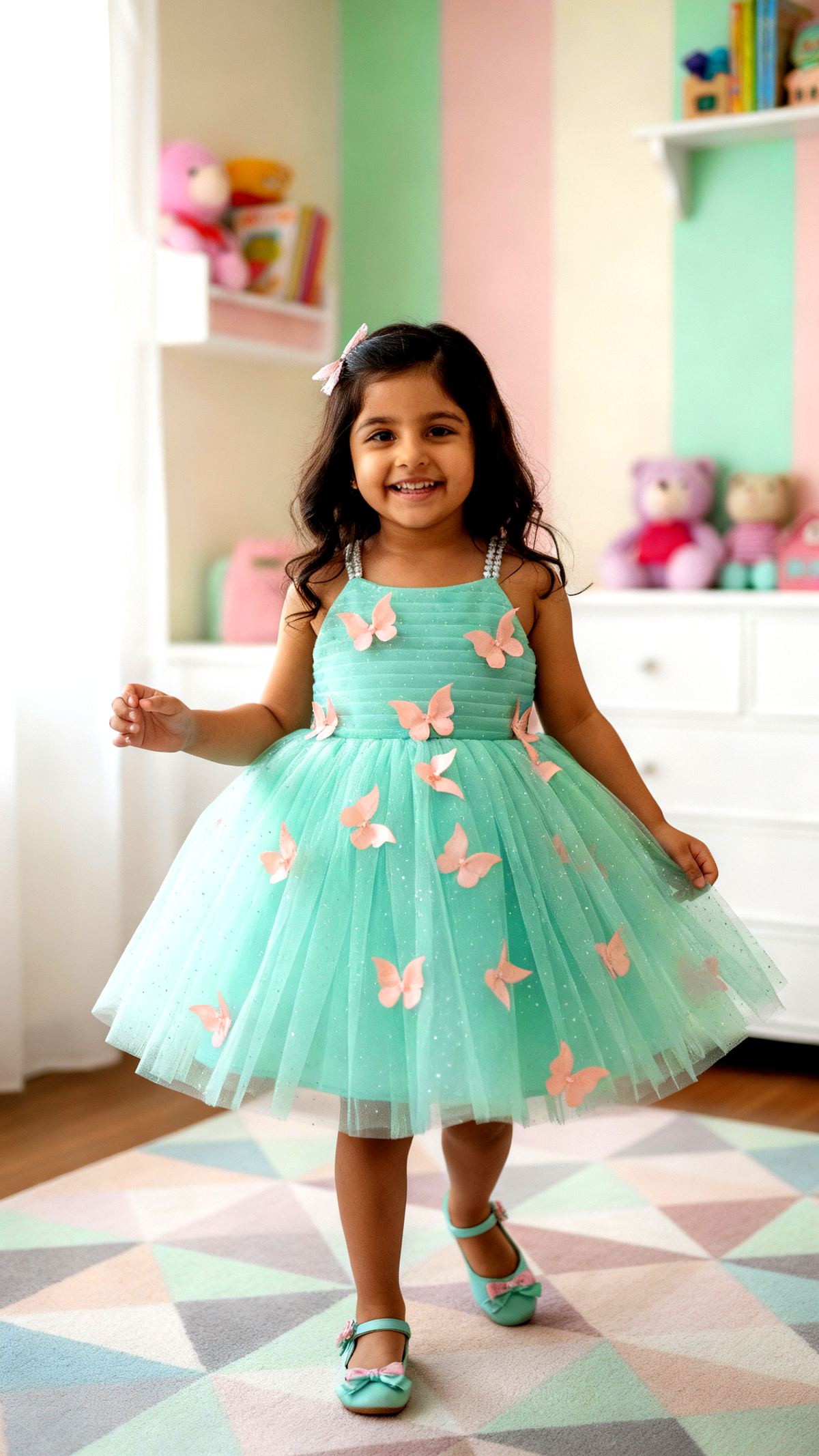 Aqua Green Butterfly Applique Party Dress for Girls with Pearl Straps & Glitter Tulle