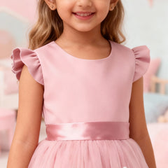 Girls Pink Party Dress with Pearl Embellished Tulle Skirt & Ruffle Sleeves
