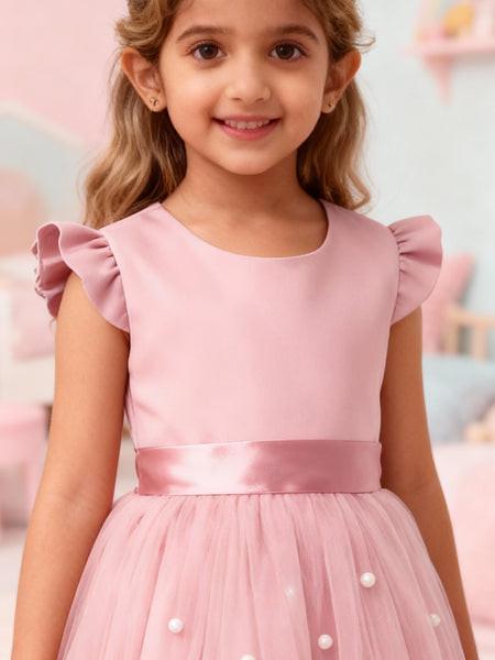 Girls Pink Party Dress with Pearl Embellished Tulle Skirt & Ruffle Sleeves