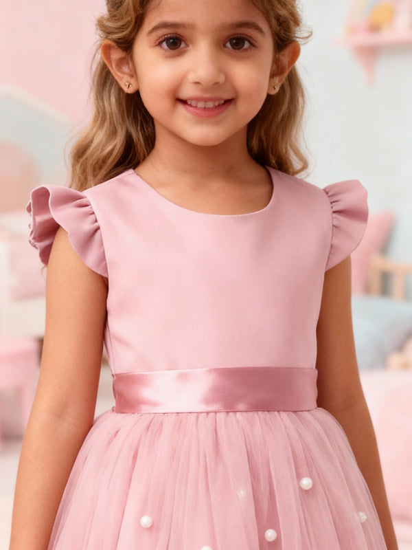 Girls Pink Party Dress with Pearl Embellished Tulle Skirt & Ruffle Sleeves
