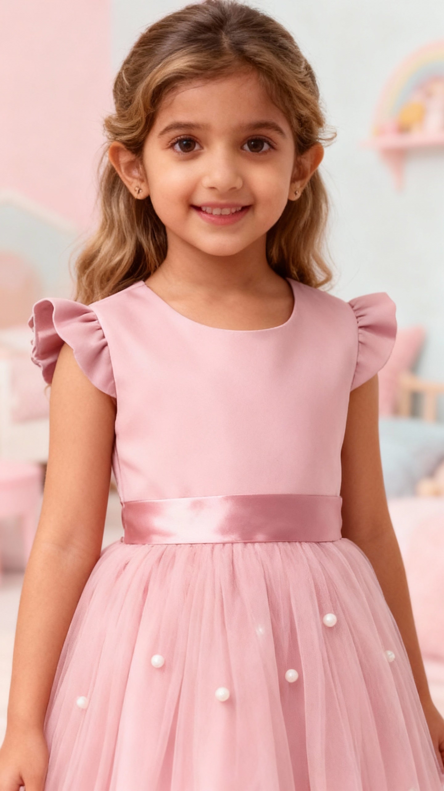 Girls Pink Party Dress with Pearl Embellished Tulle Skirt & Ruffle Sleeves