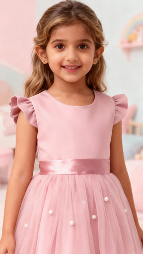 Girls Pink Party Dress with Pearl Embellished Tulle Skirt & Ruffle Sleeves
