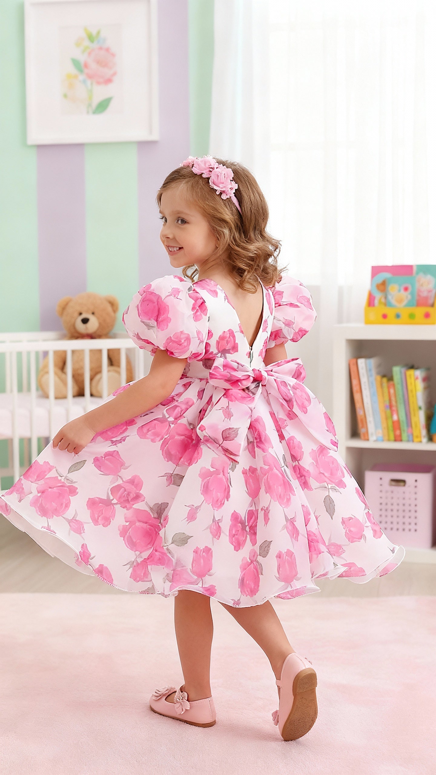Pink And White Floral Print Puff Sleeve Baby Frock