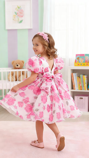 Pink And White Floral Print Puff Sleeve Baby Frock