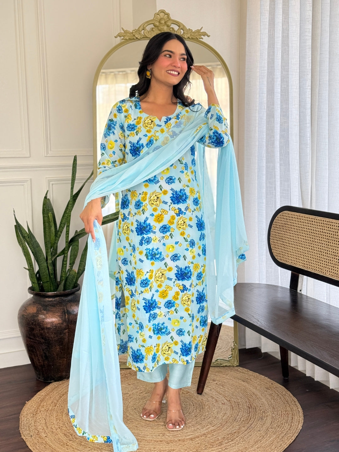 Sky Blue Floral Kurta Set with Dupatta for Women