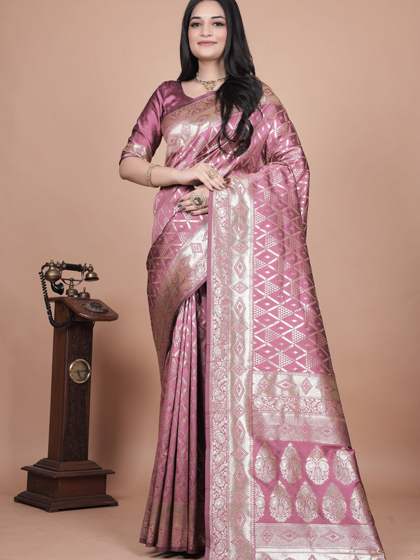 Elegant Pink Silk Saree with Silver Zari Work - Traditional Handwoven Indian Sari for Weddings, Festive Occasions & Parties