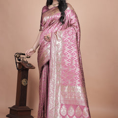 Elegant Pink Silk Saree with Silver Zari Work - Traditional Handwoven Indian Sari for Weddings, Festive Occasions & Parties