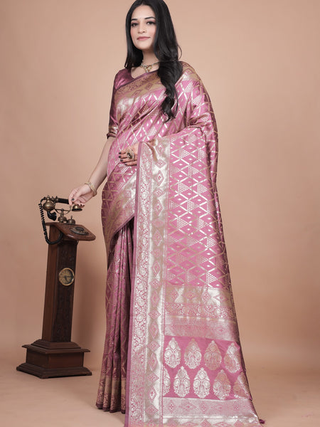Elegant Pink Silk Saree with Silver Zari Work - Traditional Handwoven Indian Sari for Weddings, Festive Occasions & Parties