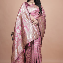 Elegant Pink Silk Saree with Silver Zari Work - Traditional Handwoven Indian Sari for Weddings, Festive Occasions & Parties