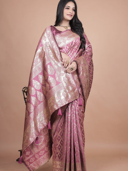 Elegant Pink Silk Saree with Silver Zari Work - Traditional Handwoven Indian Sari for Weddings, Festive Occasions & Parties